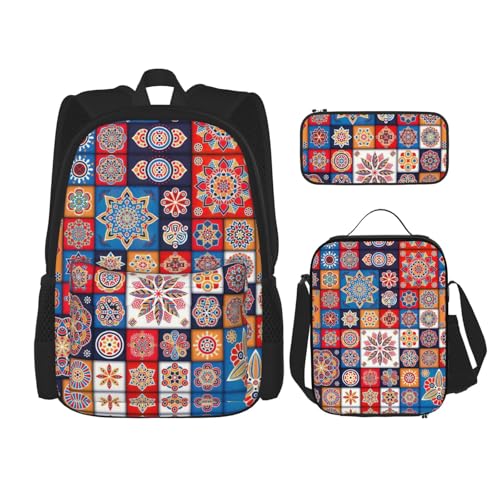 KoNsev Retro Flowwer Rucksäcke, 40,6 cm, Vorschule, Schule, Büchertasche und Lunchbox für Grundschulkinder, 3 Stück, Schwarz , Einheitsgröße, Schulranzen-Set von KoNsev