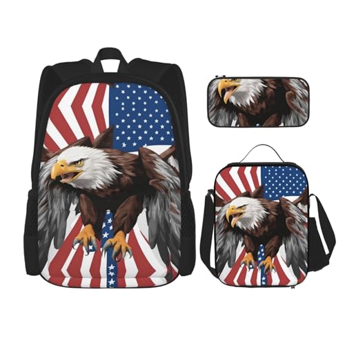 KoNsev Rucksack mit Adler und USA-Flagge, 40,6 cm, Vorschule, Büchertasche und Lunchbox für Grundschulkinder, 3 Stück, Schwarz , Einheitsgröße, Schulranzen-Set von KoNsev