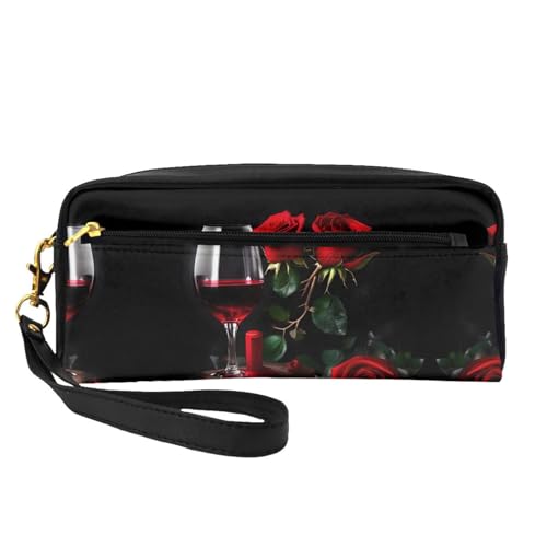 Kosmetiktasche für Damen, Motiv: Rote Rose und Wein, romantisches Design, kleine Make-up-Tasche für Reisetasche, Zubehör, Organizer, Reißverschlusstasche, Schwarz , Einheitsgröße, Kosmetiktasche von KoNsev