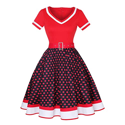 50 Style Damen Kleider, Rockabilly Kleider Damen 50er Jahre Vintage Kurzarm Polka Dots Swing Coctailkleid Hochzeit Festlich Knielang Kleid Tunika Partykleid Ballkleid Faschingskostüme von Kobilee