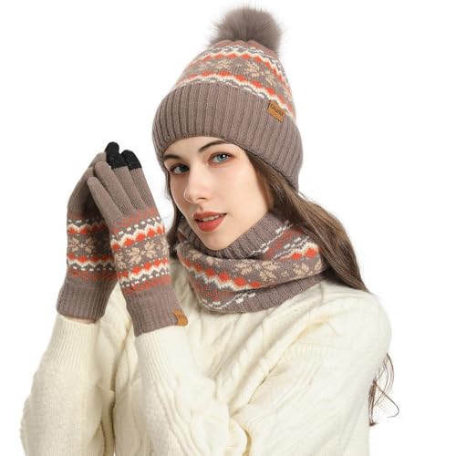 Angebot des Tages: Mütze, Schal & Handschuh-Sets für Damen Herren, Beanie Mütze Winter Wärmer mit Dick Bommel Fleece Gefütterte, Thermo Winterhandschuhe Schal Mütze 3 in 1 Set Unisex von Kobilee