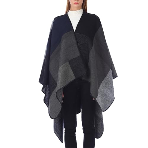 B Ware Retouren - Strick Ponchos & Capes für Damen Poncho Schottische Kleidung Winterponchos Warm Cape Schwarz Warme Elegant Women's Knitted Herbst Dufflecoat Winter Pullover Kapuzenmantel von Kobilee