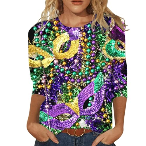 Glitzer Langarmshirt, Festliche Tunika Damen Maskendruck Pailletten Shirt 3/4 Arm Bluse Goldenes Elegant Longshirt Rundhals T-Shirt Glitzer Tee Tops Vintage Weich Langarmshirt Fasching Bekleidung von Kobilee