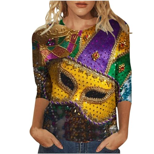 Glitzer Oberteil, Festliche Oberteile Damen Tunika Elegant Maskendruck Pailletten Shirt 3/4 Arm Karneval Bluse Goldenes Longshirt Rundhals T-Shirt Glitzer Top Vintage Langarmshirt Fasching Bekleidung von Kobilee