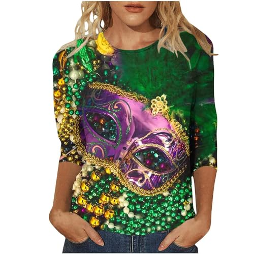 Glitzeroberteil Frauen, Festliche Oberteile Damen Tunika Elegant Maskendruck Pailletten Shirt 3/4 Arm Karneval Bluse Goldenes Longshirt Rundhals T-Shirt Glitzer Top Vintage Langarmshirt Fasching Bekle von Kobilee