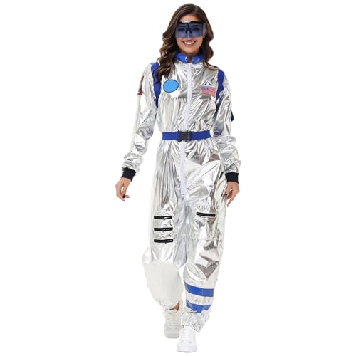 Kostüm Space Damen, Astronaut Kostüm Damen Space Astronautenkostüm Girl Kostüm Fasching Karneval Weltraum Raumfahrer Anzug Langarm Metallic Overall Ganzkörper Jumpsuit Silvester Outfit Glitzer von Kobilee