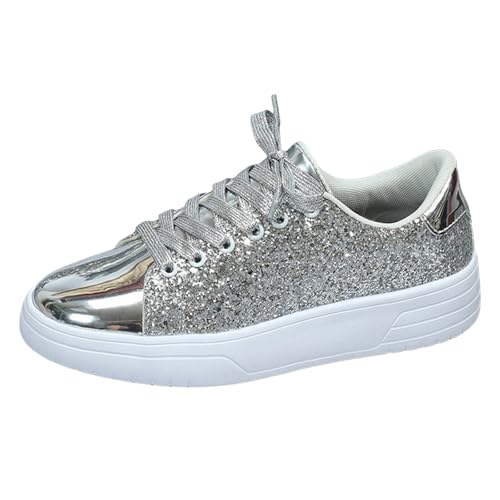 Pailletten Schuhe Silber, Brautschuhe Sneaker, Pailletten Schuhe Damen Silber Glitzer Flache Low Sneaker Outdoor Sportschuhe Slip On Laufschuhe Festliche Schuhe Glänzende Schnürsenkel Walkingschuhe von Kobilee