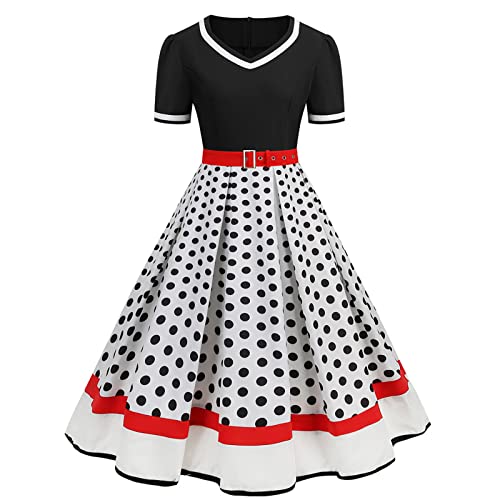 Polka Dots Kleid Damen, Rockabilly Kleider Damen 50er Jahre Vintage Kurzarm Polka Dots Swing Coctailkleid Hochzeit Festlich Knielang Kleid Tunika Partykleid Ballkleid Faschingskostüme von Kobilee