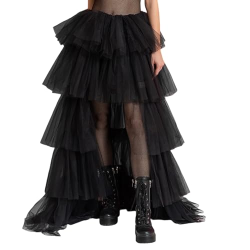 Tüllrock Schwarz, Langer Tüllrock Damen Asymmetrisch Tütü Rock A Linie Elastischer Hoher Bund Maxirock Mesh Tanzkleid Ballettrock Schwarz Petticoat Unterrock Karneval Rockabilly Kostüm von Kobilee