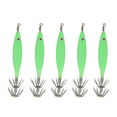 Koieam Künstlicher Köder, 5 Stück, 8 cm, Angelköder mit Haken, Tintenfisch-Jig, Holzgarnelenköder für Outdoor, Salzwasser, Süßwasser, Leuchtend (Luminous Green) von Koieam