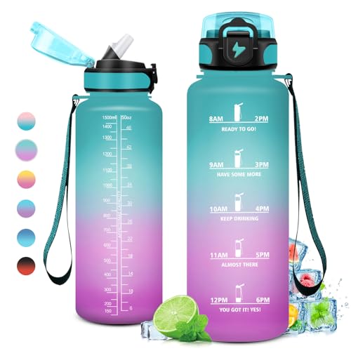 Fitness Trinkflasche 1.5L, Große Trinkflasche mit Strohhalm, Wasserflasche Auslaufsicher, Trinkflasche Kohlensäure Geeignet, Trinkflasche mit Zeitmarkierungen, Sportflasche für Erwachsener von KollyKolla