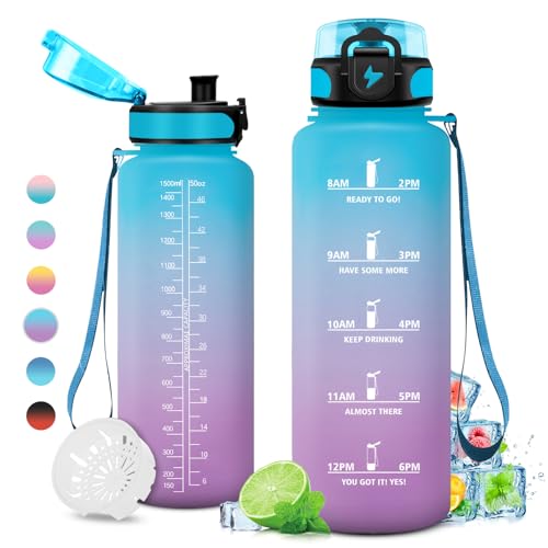 Trinkflasche 1.5 Liter, Große Trinkflasche Sport, Wasserflasche Auslaufsicher, Trinkflasche Kohlensäure Geeignet, Fitness Trinkflasche mit Zeitmarkierungen, Sportflasche für Erwachsener von KollyKolla