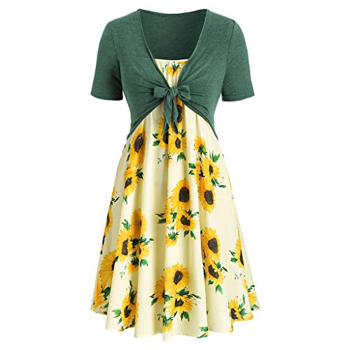 Kleid Damen Kolylong Frauen Elegant Sonnenblume Drucken Kurzarm Kleid Knielang Vintage Kleid Anzug Vintage Bandage Swing Kleider Boho Strandkleid Cocktails Party Abendkleid von Koly-Damen Kleid