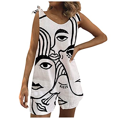 Kolylong® Jumpsuit Damen Sommer Boho Blumendruck kurz Overall Mit Bindegürtel Baggy Latzhose Baumwolle und Leinen Ärmellos Einteiler Romper Casual Locker Trägerhose Lässige Playsuits für Frauen von Koly-Hundebett