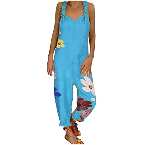 Kolylong® Jumpsuit Damen Sommer Boho Overall Vintage Blumen Drucken Einteiler Romper Ärmellos Elegant Playsuits Baumwolle und Leinen Hosenanzug Lässige Locker Sommerhose von Koly-Hundebett