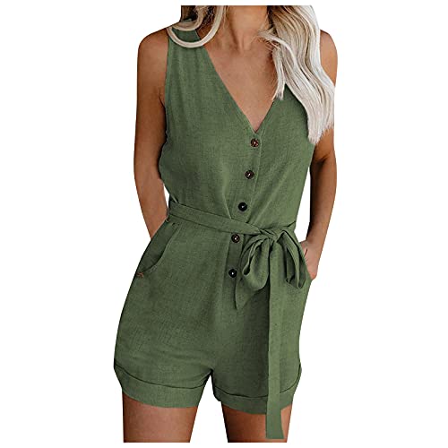 Kolylong® Jumpsuit Damen V Ausschnitt Kurz Overall mit Gürtel Einfarbig Elegant Einteiler Ärmellos Rompers Mit Knopfleiste Und Taschen Lässige Weite Bein Latzhose Casual Locker Playsuit für Frauen von Koly-Hundebett