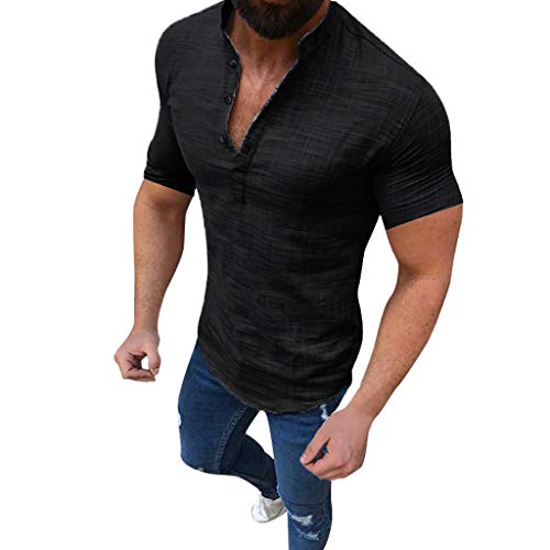 Kolylong® Shirt Herren Leinen Hemd Kurzarm Stehkragen Shirt mit Halber Knopfleiste Slim Fit Freizeithemd für Männer Casual Leicht Atmungsaktives Sommerhemd Herren Einfarbig Sommer Leinenhemd Tshirt von Koly-Hundebett