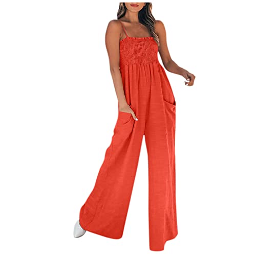 KolylongJumpsuit Damen Sommer Lang Baggy Overall Einfarbig Elegant Sexy Weite Bein Latzhose Mit Taschen Einteiler Rompers Ärmellos Träger Playsuit Lässige Locker Baggy Hosen Sommerhose, Rot von Koly-Hundebett