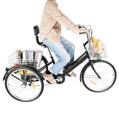 Konfiur Dreirad, 24 Zoll 7-Gäng Dreirad für Erwachsene, Verstellbare Sitze 3-Rad Fahrrad mit Einkaufskorb Rückensitz, City Einkauffahrrad Bike, 3 Räder Fahrrad für Outdoor-Aktivitäten, Schwarz von Konfiur