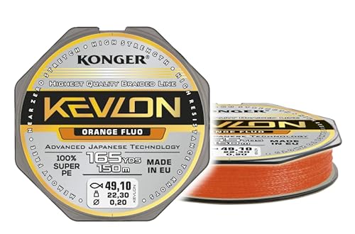 Geflochtene Schnur KONGER KEVLON Fluo Orange 4-Fach Braided Line Angelschnur 150m 0,12-0,25mm (0,07€/m) (0,20mm/22,30kg) von Konger