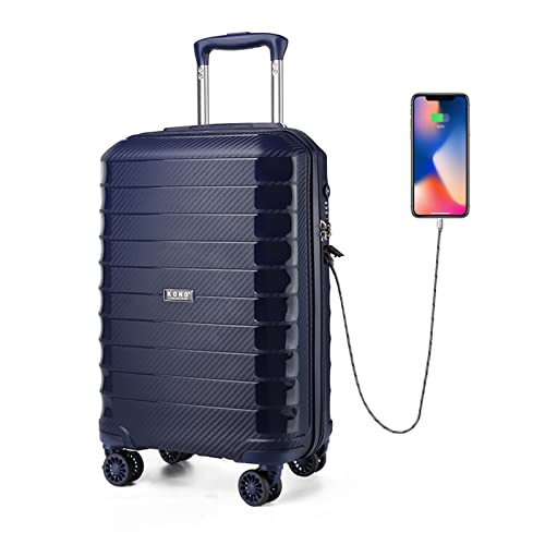 KONO Koffer Hartschale Rollkoffer Handgepäck mit TSA Schloss und USB Ladeanschluss Klein Leicht Trolley Reisekoffer mit 4 Rollen, 55x35x20cm, 33Liter (Dunkelblau) von KONO