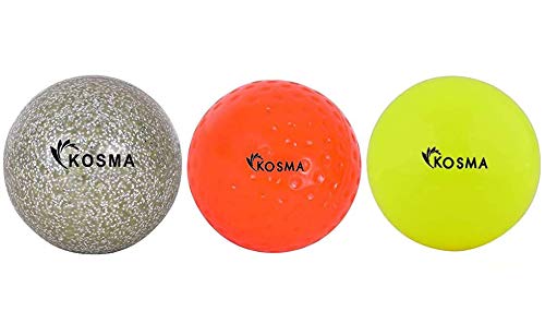 Kosma 3er-Set Hockeybälle | Outdoor Sports PVC Übungsbälle (Orange Dimple, Gelb glatt, Silber Glitzer) von Kosma