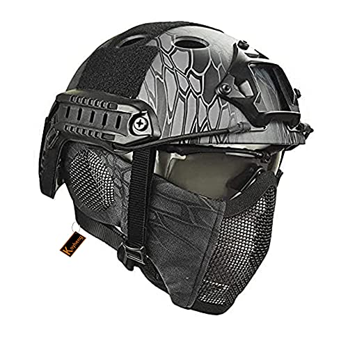MH Taktik Fast Helm kombiniert, Mit Faltbarer Gehörschutz Halbgesichts Netz Maske und Goggles für Airsoft Paintball CS Game von Koyheng