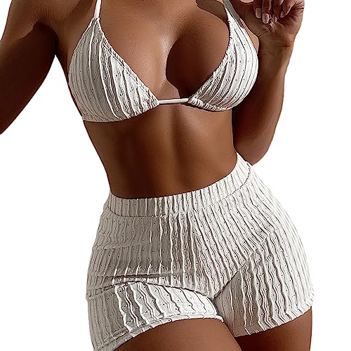 Ksikdeg Geripptes Damen-Badehosen-Set, zweiteilig, Push-Up-Badeanzug, Badeanzug mit Boyshorts von Ksikdeg