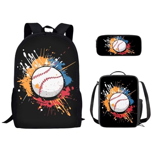 Kuiaobaty Baseball-Rucksack, 3-teiliges Set, Schultasche, Sportballdruck, Büchertasche mit Bleistifttasche, Lunchtasche, schwarz, leichter Rucksack, Baseballball von Kuiaobaty