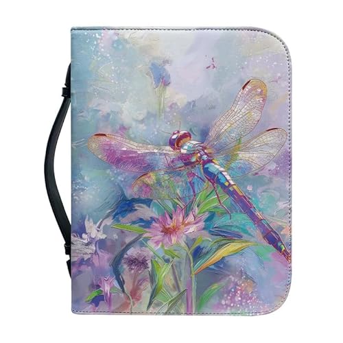 Kuiaobaty Bibeltasche mit Reißverschluss, Aquarell-Libellentasche für Damen, Ölgemälde, Libellen, Blumen, Tragetasche mit Griff, Kunstleder-Buchhülle von Kuiaobaty