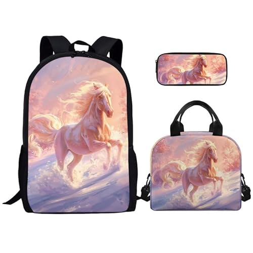 Kuiaobaty Cartoon Dino Schulrucksack-Set für Mädchen Jungen Schultasche Griff Mittagessen Tasche Federmäppchen 3 in 1, Laufendes weißes Pferd von Kuiaobaty