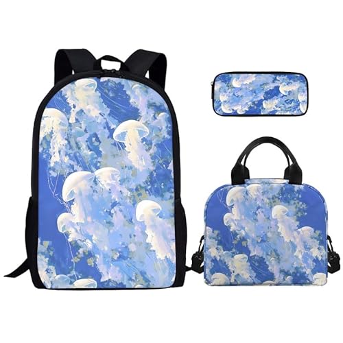 Kuiaobaty Cartoon-Tier-Schulrucksack für Mädchen, Büchertasche, Rucksack, Schultaschen mit Griff, Lunchbox und Federmäppchen, Weiße Quallen von Kuiaobaty