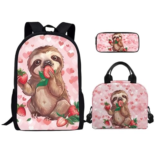 Kuiaobaty Color Paint Schulrucksack für Mädchen, Schulranzen-Set mit Lunch-Tasche, Federmäppchen, Rucksack mit großer Kapazität, Faultier Erdbeere von Kuiaobaty