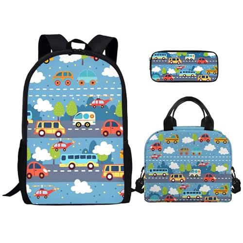 Kuiaobaty Kinder-Schulrucksack-Set mit Griff, Lunchbox, bedruckt, leicht, Schultaschen für Grundschule, Fahrzeug-Auto von Kuiaobaty