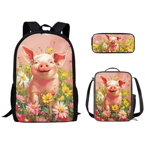 Kuiaobaty Niedlicher Tier-Rucksack für Mädchen, Büchertaschen-Set mit Lunch-Tasche, Federmäppchen, Schmetterlings-Rucksack, leichter Tagesrucksack, Malen mit Schweineblumen von Kuiaobaty