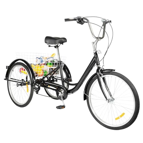 20/24 Zoll Dreirad für Erwachsene, 3-Rad-8-Gang-Seniorenfahrrad, 3-Rad-Fahrrad mit Einkaufskorb, Fahrrad mit Einkaufskorb Cargo-Bike für Erwachsene Senioren und Frauen,Höhenverstellbar (24" Schwarz) von KumuJ