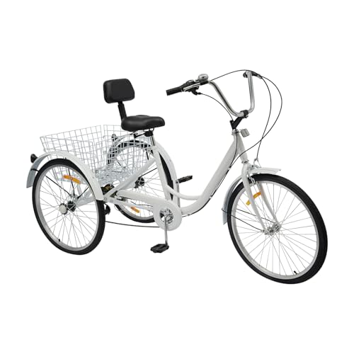 24 Zoll Dreirad für Erwachsene 6 Gänge Cruise Cityräder mit Einkaufskorb bis, fahrradpolster Sattel Rückenlehne Tricycle 3 Rad Erwachsene City Tricycle Fahrrad für Fahrten, Outdoor-Aktivitäten/Weiß von KumuJ