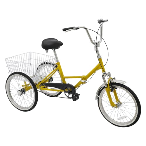 KumuJ 20 Zoll Dreirad für Erwachsene, 3-Rad Fahrrad Gelb 3-Räder Fahrrad mit Einkaufskorb Damen & Herren Dreirad, City Tricycle Fahrrad für Fahrten und Outdoor-Aktivitäten Sports Shopping von KumuJ