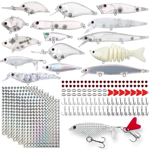 L PATTERN 206 Stück Blanko Harte Crankbaits, DIY Wobbler Set mit Glizer Sticker Drillingshaken Sprengringe Angeln Fischaugen für Barsch Forelle Hecht Fischen von L PATTERN