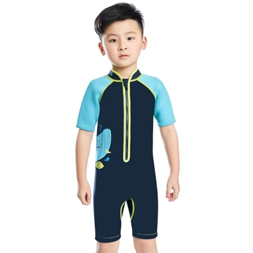 L SERVER Kinder Neoprenanzug Jungen 2.5mm Schnell Trocknender Tauchanzug Mädchen Kurzärmeliger Badeanzug mit Sonnenschutz Stretch Surf-Badebekleidung, Blau, 122-128 von L SERVER