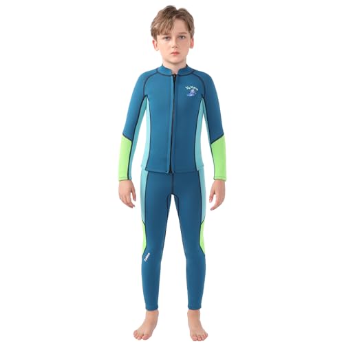 L SERVER Neoprenanzug Kinder Lang Mädchen 2.5mm Warmer Tauchanzug Jungen Stretch Schnelltrocknender Geteilter Badeanzug Bedruckte Surf Nassanzüge, Himmelblau (Fleece), 104-110 von L SERVER