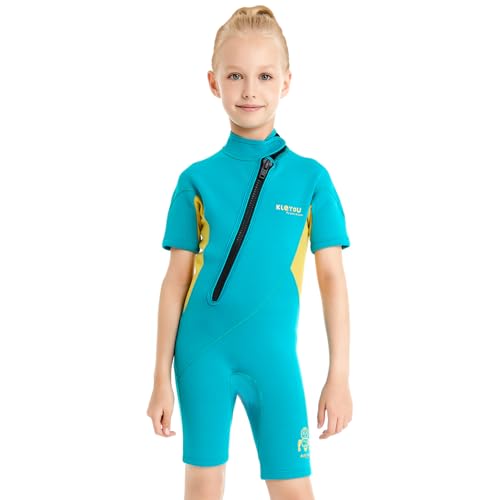 L SERVER Neoprenanzug Kinder Mädchen 2MM Warmer Nassanzüge mit Kurzen Ärmeln Jungen Sonnenschutz Schwimmanzug Stretch Surf-Badebekleidung, Grün, 122-128 von L SERVER