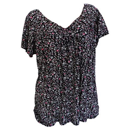 Women's Casual Boho Floral Tops Summer Loose Fit Pleated Flowy Shirts Plus Size V Neck Short Sleeve Tunic Blouses von L.CREDI