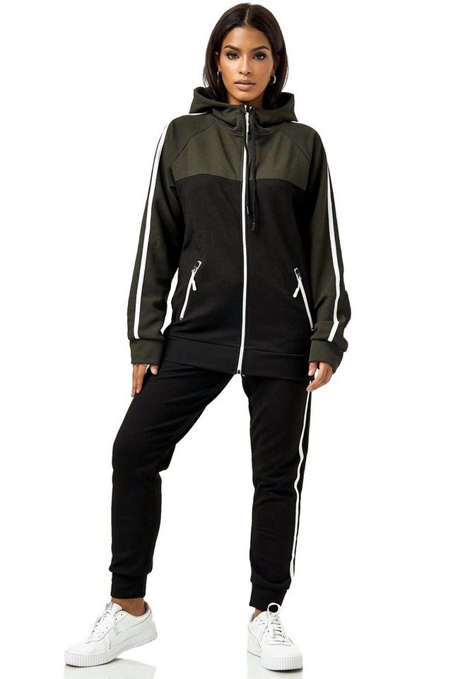 L.gonline Freizeitanzug Damen Jogginganzug, Sporthose und Kapuzenjacke, Streifenmuster, (Kapuzenjacke mit Reißverschluss, Hose, 2-tlg), mit Streifen von L.gonline