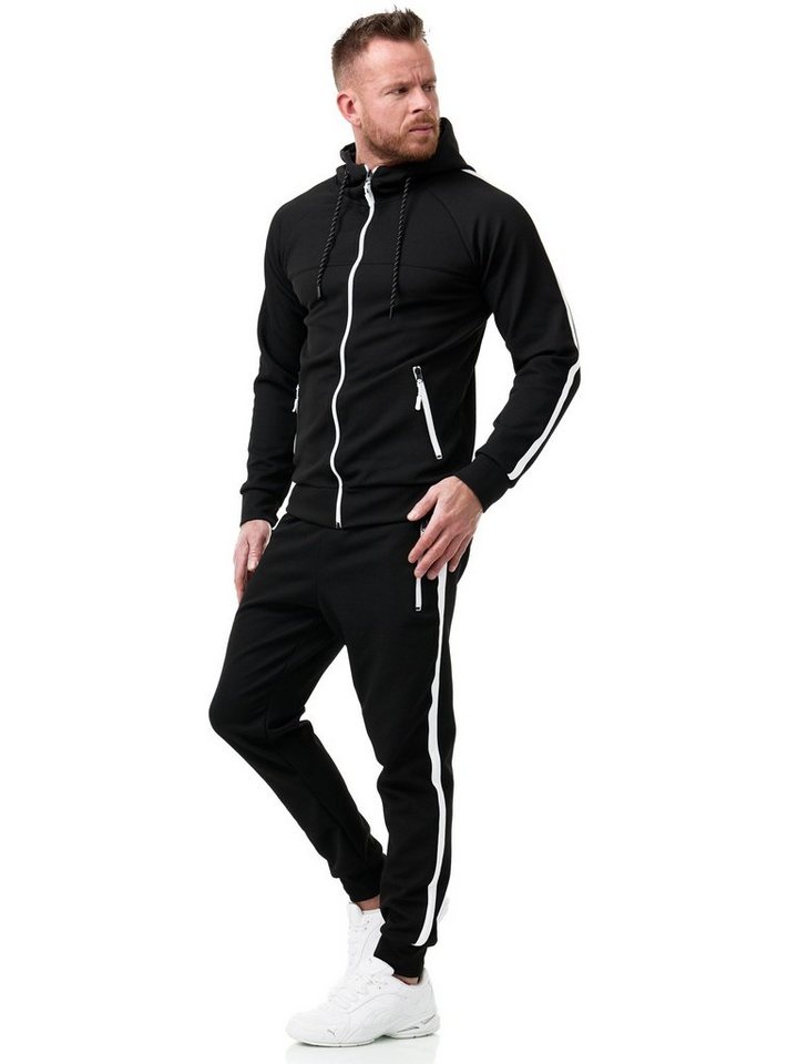 L.gonline Freizeitanzug Herren Jogginganzug Freizeitanzug Sportlich 3750 (Kapuzenjacke mit Reißverschluss, Hose, 2-tlg), mit Streifen von L.gonline