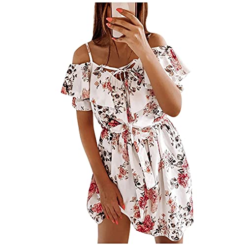 L9WEI Blumen Kleider für Frauen Sommer Rüschen Blumen Kurze Off-Shoulder Sommerkleid Elegante Strandkleider Minikleid Schlanke Sommer Partykleider Freizeitkleider von L9WEI