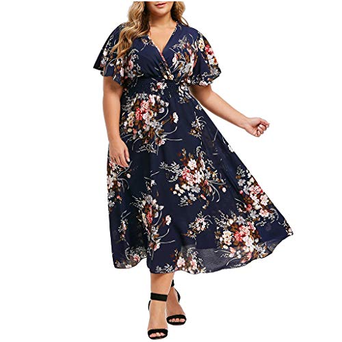 L9WEI Oversize Blumen Kleider Frauen V-Ausschnitt Kleid Sommerkleid Lose Chiffon-Kleid Casual Rock Damenkleid Großes Kleid Strandkleid von L9WEI