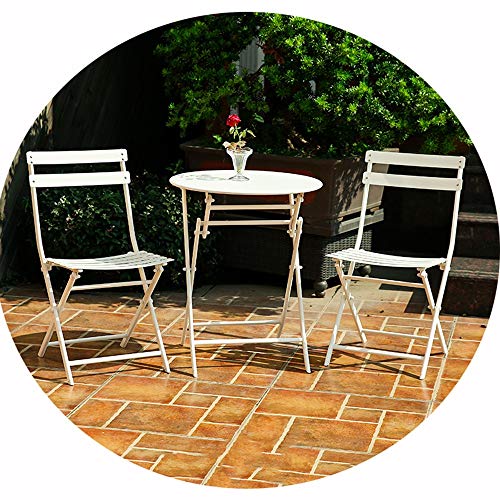 LAJUQNQ QARNBERG Klapptische und Stühle aus Eisen, Garten-Freizeit-Beistelltisch, Kleiner Couchtisch, runder Schreibtisch mit 2 Stühlen, für Terrassen, Innenhöfe, Bistros, Cafés (Farbe: Weiß) (Weiß) von LAJUQNQ