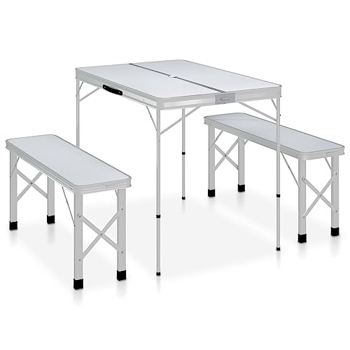 LAJUQNQ Tragbares, zusammenklappbares Campingtisch-Set mit 2 Bänken – Aluminium und MDF – kompaktes Kofferdesign für Outdoor-Aktivitäten Substitutability von LAJUQNQ