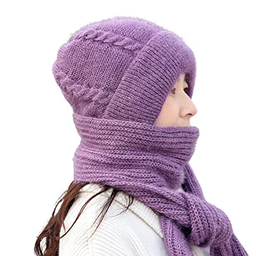 LAKEMON Integrierter Ohrenschutz, winddichter Mützenschal, Dicker, Warmer Ohrenschutz, modische, warme Winter-Strickmütze für Frauen (Purple) von LAKEMON